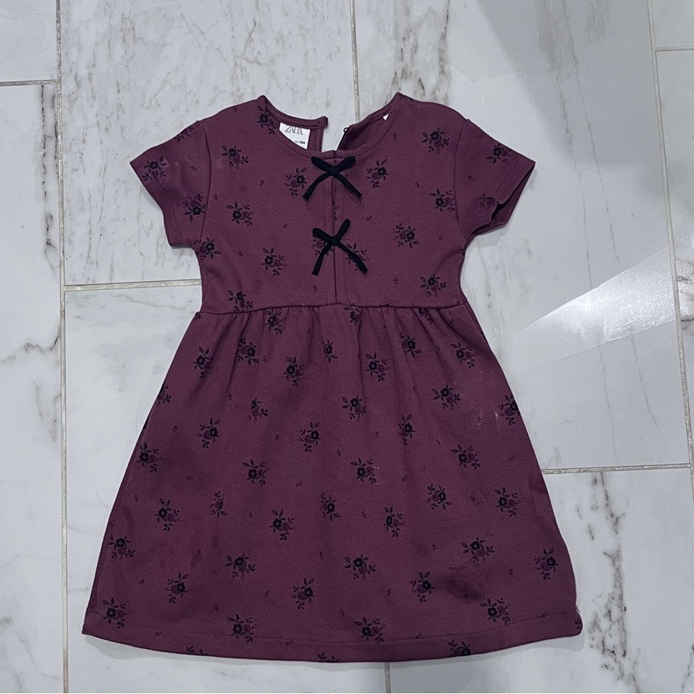 Zara Plum Dress with Black Floral Print and Bows